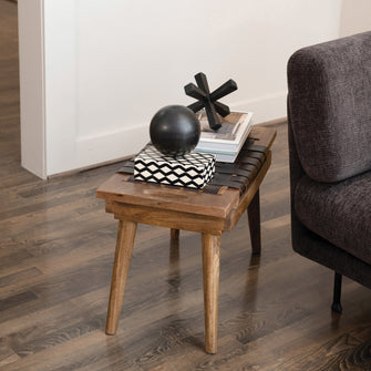 Mango Wood Stool with Woven Leather Top