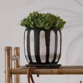 Black and Grey Hand-Painted Planter w/ Saucer Set