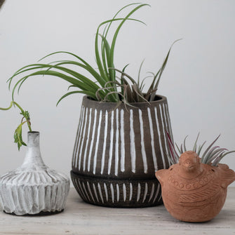 Hand-Painted Striped Debossed Planter and Saucer Set