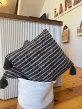 18" Woven Beige and Blue Cotton Pillow with Tassels