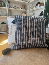 18" Woven Beige and Blue Cotton Pillow with Tassels