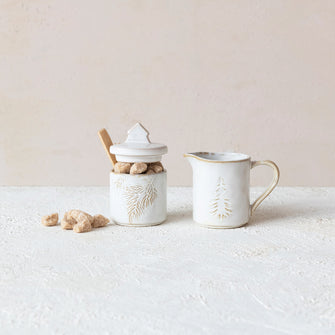 Tree Debossed Stoneware Creamer and Sugar Pot Set