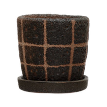 Black and Taupe Grid Pattern Terracotta Planter with Saucer