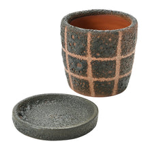 Black and Taupe Grid Pattern Terracotta Planter with Saucer