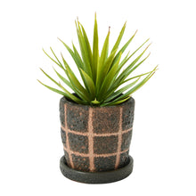 Black and Taupe Grid Pattern Terracotta Planter with Saucer