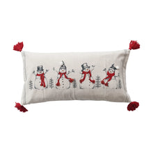 Holiday Lumbar Pillow with Embroidered Snowmen & Birds Image