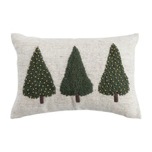 Hand-Woven Wool Lumbar Pillow with Embroidered Trees and Beads